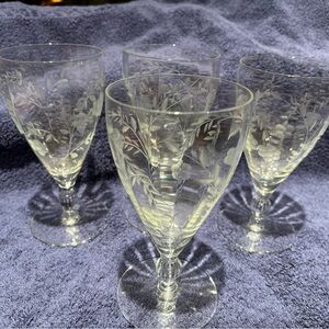 Elegant Clear Etched Wine Glass Set 
7inches tall, produced in the 1930s-1950s